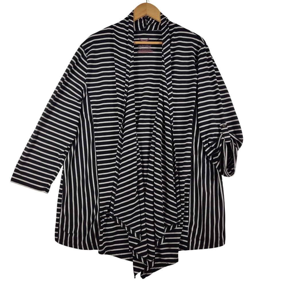 Faded Glory Womens 3X Black White Striped Open Front Waterfall Cardigan Sweater
